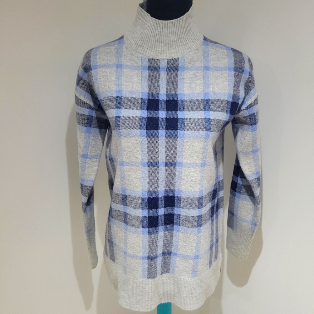 RW&Co Women's Plaid Long Sleeve Mock Neck Knit Sweater Small Blue Grey Preppy
